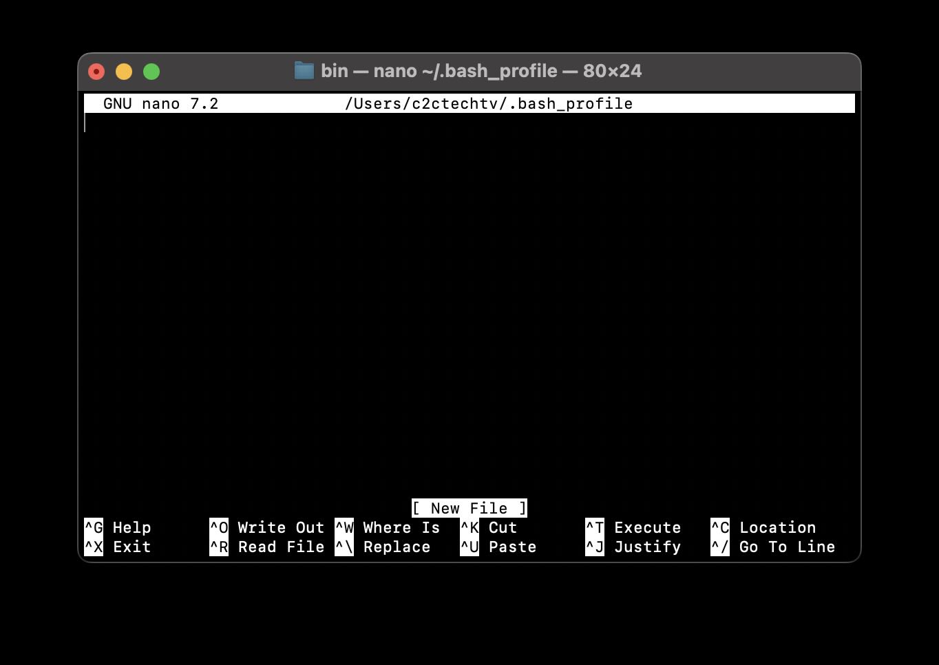 The .bash_profile file opened in Nano on Mac Terminal